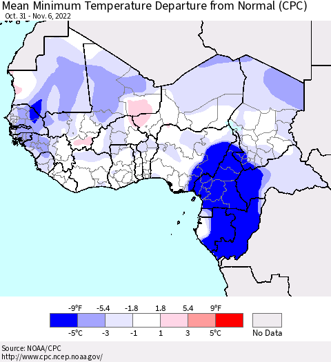 Western Africa Mean Minimum Temperature Departure from Normal (CPC) Thematic Map For 10/31/2022 - 11/6/2022