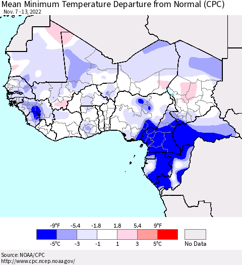 Western Africa Mean Minimum Temperature Departure from Normal (CPC) Thematic Map For 11/7/2022 - 11/13/2022