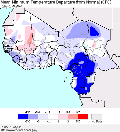 Western Africa Mean Minimum Temperature Departure from Normal (CPC) Thematic Map For 11/14/2022 - 11/20/2022