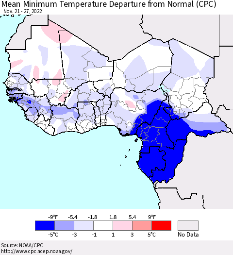 Western Africa Mean Minimum Temperature Departure from Normal (CPC) Thematic Map For 11/21/2022 - 11/27/2022