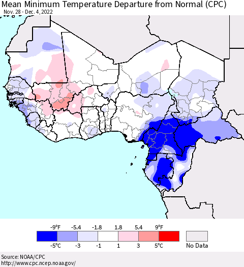 Western Africa Mean Minimum Temperature Departure from Normal (CPC) Thematic Map For 11/28/2022 - 12/4/2022