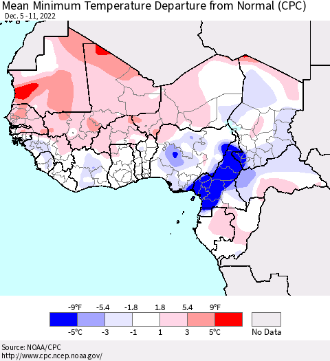 Western Africa Mean Minimum Temperature Departure from Normal (CPC) Thematic Map For 12/5/2022 - 12/11/2022