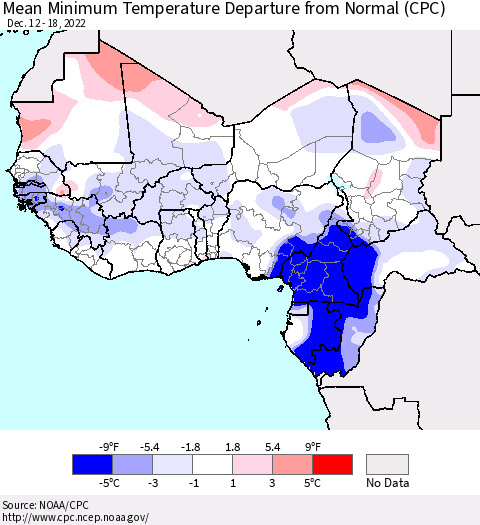 Western Africa Mean Minimum Temperature Departure from Normal (CPC) Thematic Map For 12/12/2022 - 12/18/2022