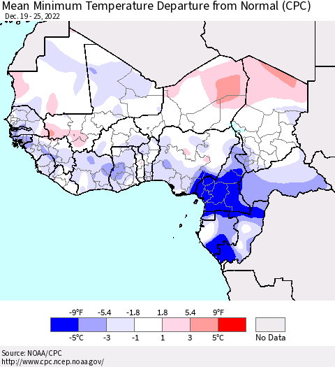 Western Africa Mean Minimum Temperature Departure from Normal (CPC) Thematic Map For 12/19/2022 - 12/25/2022