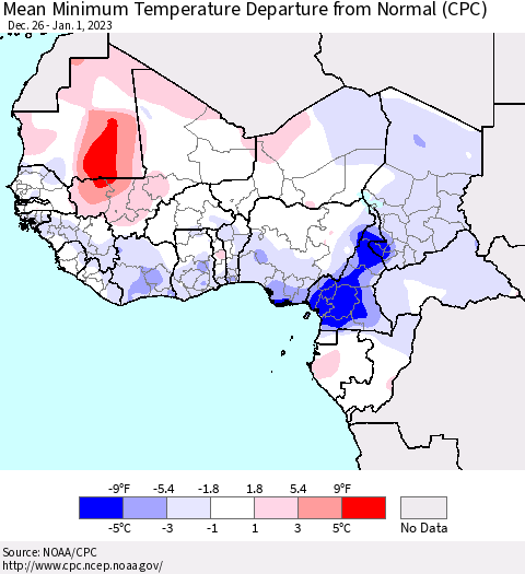 Western Africa Mean Minimum Temperature Departure from Normal (CPC) Thematic Map For 12/26/2022 - 1/1/2023