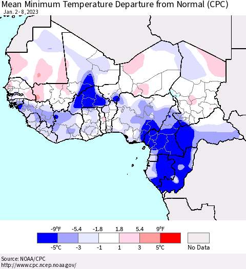 Western Africa Mean Minimum Temperature Departure from Normal (CPC) Thematic Map For 1/2/2023 - 1/8/2023