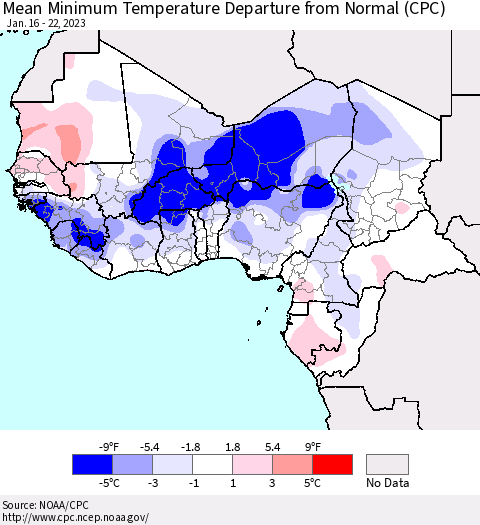 Western Africa Mean Minimum Temperature Departure from Normal (CPC) Thematic Map For 1/16/2023 - 1/22/2023