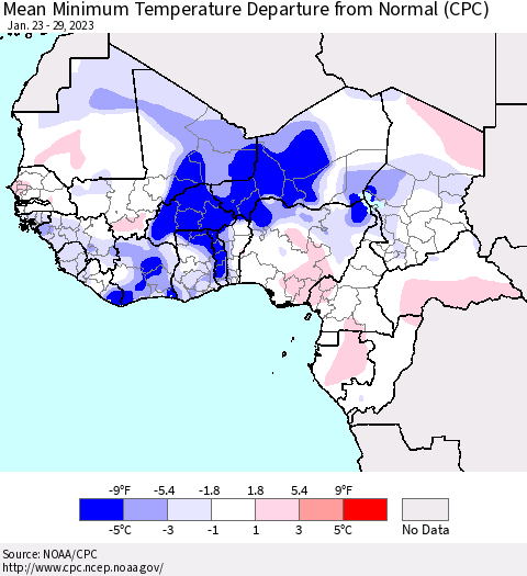 Western Africa Mean Minimum Temperature Departure from Normal (CPC) Thematic Map For 1/23/2023 - 1/29/2023