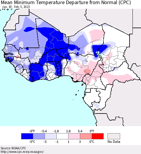 Western Africa Mean Minimum Temperature Departure from Normal (CPC) Thematic Map For 1/30/2023 - 2/5/2023