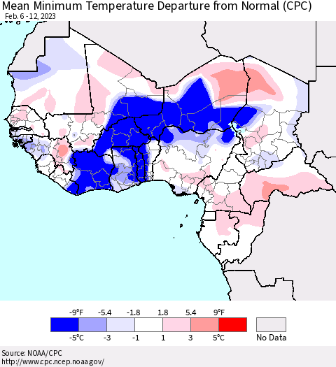Western Africa Mean Minimum Temperature Departure from Normal (CPC) Thematic Map For 2/6/2023 - 2/12/2023
