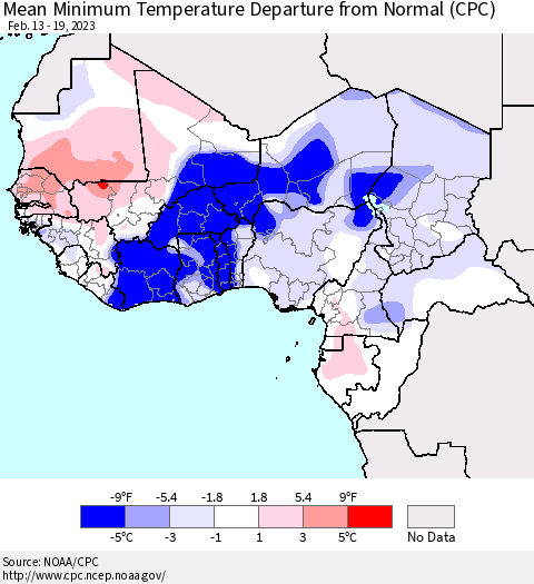 Western Africa Mean Minimum Temperature Departure from Normal (CPC) Thematic Map For 2/13/2023 - 2/19/2023