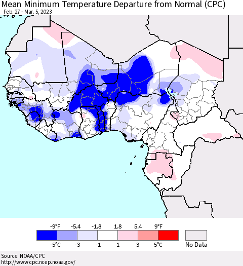 Western Africa Mean Minimum Temperature Departure from Normal (CPC) Thematic Map For 2/27/2023 - 3/5/2023