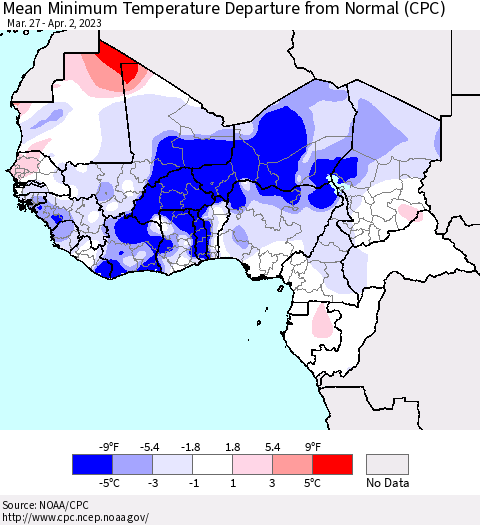Western Africa Mean Minimum Temperature Departure from Normal (CPC) Thematic Map For 3/27/2023 - 4/2/2023