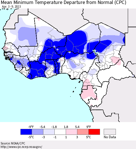 Western Africa Mean Minimum Temperature Departure from Normal (CPC) Thematic Map For 4/3/2023 - 4/9/2023