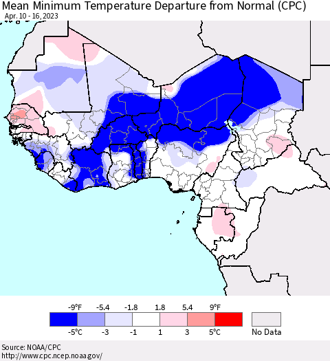 Western Africa Mean Minimum Temperature Departure from Normal (CPC) Thematic Map For 4/10/2023 - 4/16/2023