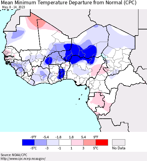 Western Africa Mean Minimum Temperature Departure from Normal (CPC) Thematic Map For 5/8/2023 - 5/14/2023