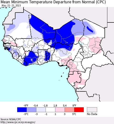 Western Africa Mean Minimum Temperature Departure from Normal (CPC) Thematic Map For 5/15/2023 - 5/21/2023