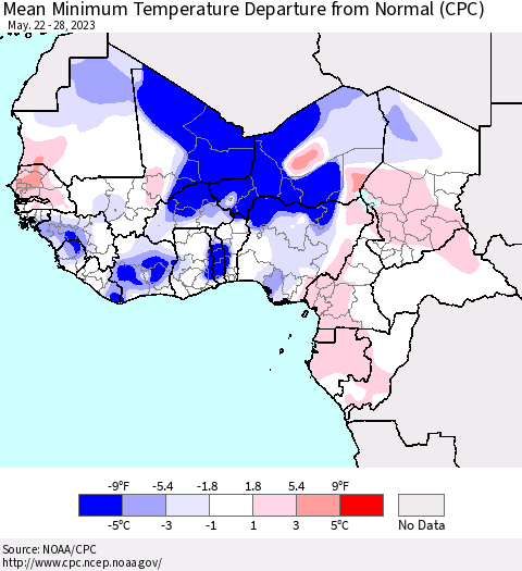 Western Africa Mean Minimum Temperature Departure from Normal (CPC) Thematic Map For 5/22/2023 - 5/28/2023
