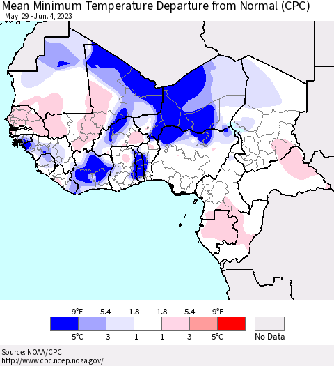 Western Africa Mean Minimum Temperature Departure from Normal (CPC) Thematic Map For 5/29/2023 - 6/4/2023