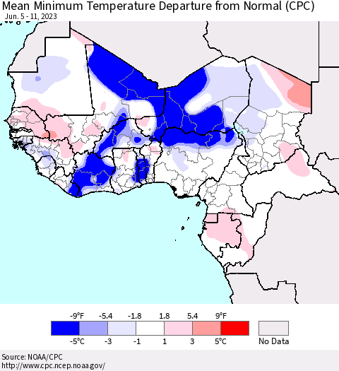 Western Africa Mean Minimum Temperature Departure from Normal (CPC) Thematic Map For 6/5/2023 - 6/11/2023