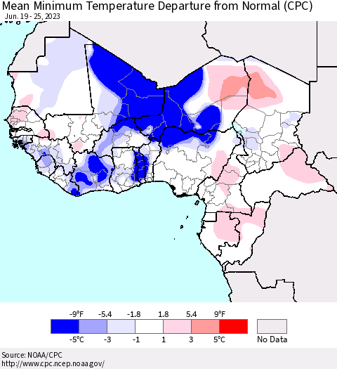 Western Africa Mean Minimum Temperature Departure from Normal (CPC) Thematic Map For 6/19/2023 - 6/25/2023