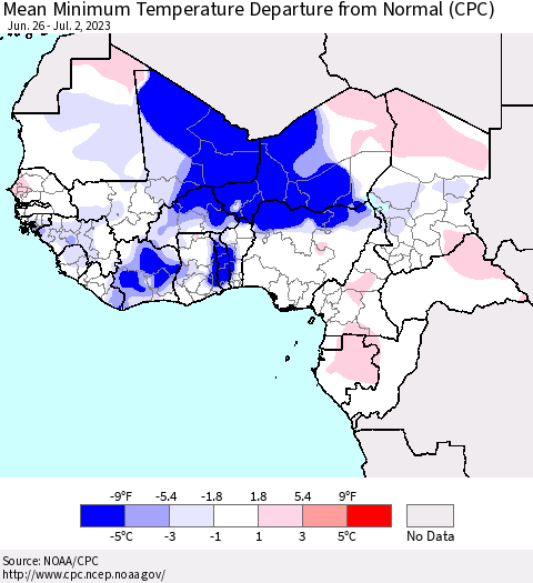 Western Africa Mean Minimum Temperature Departure from Normal (CPC) Thematic Map For 6/26/2023 - 7/2/2023