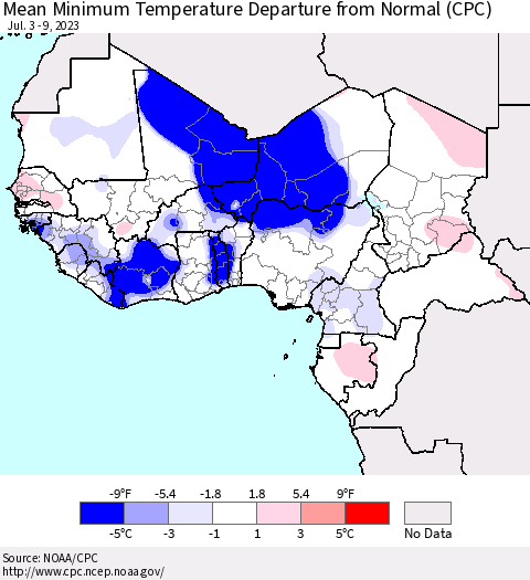 Western Africa Mean Minimum Temperature Departure from Normal (CPC) Thematic Map For 7/3/2023 - 7/9/2023