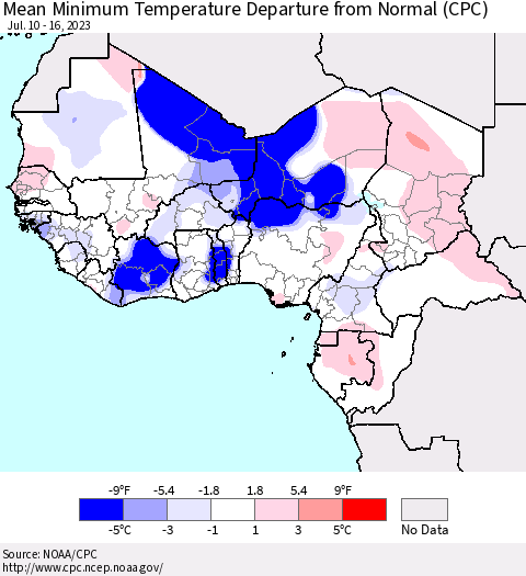 Western Africa Mean Minimum Temperature Departure from Normal (CPC) Thematic Map For 7/10/2023 - 7/16/2023