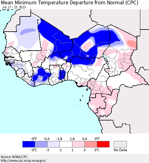 Western Africa Mean Minimum Temperature Departure from Normal (CPC) Thematic Map For 7/17/2023 - 7/23/2023