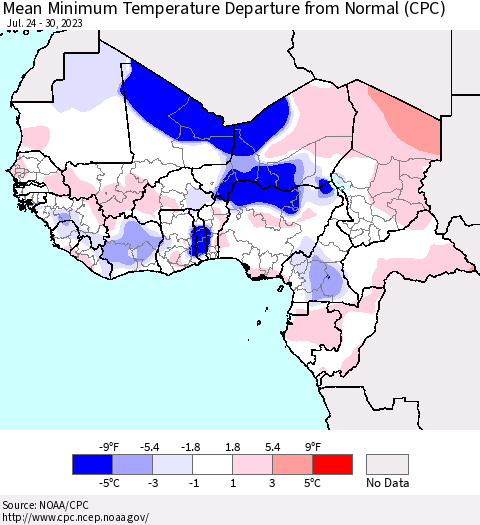 Western Africa Mean Minimum Temperature Departure from Normal (CPC) Thematic Map For 7/24/2023 - 7/30/2023