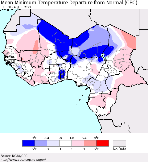 Western Africa Mean Minimum Temperature Departure from Normal (CPC) Thematic Map For 7/31/2023 - 8/6/2023
