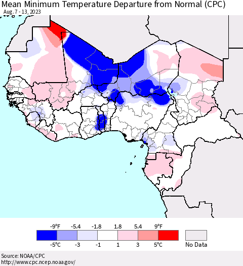 Western Africa Mean Minimum Temperature Departure from Normal (CPC) Thematic Map For 8/7/2023 - 8/13/2023