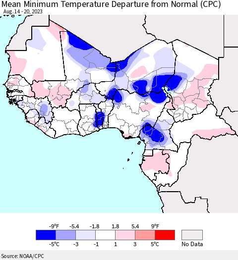 Western Africa Mean Minimum Temperature Departure from Normal (CPC) Thematic Map For 8/14/2023 - 8/20/2023
