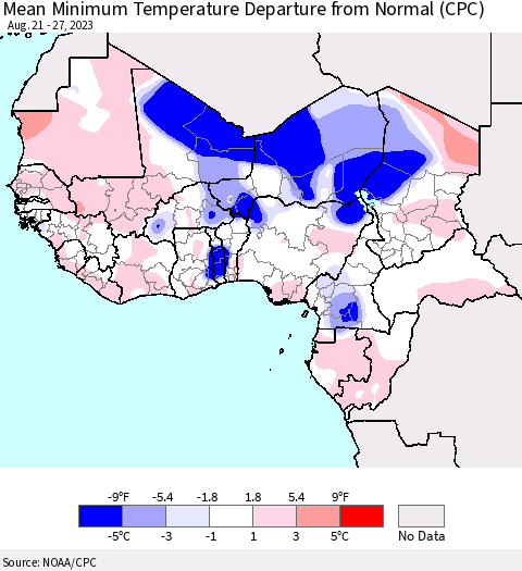 Western Africa Mean Minimum Temperature Departure from Normal (CPC) Thematic Map For 8/21/2023 - 8/27/2023