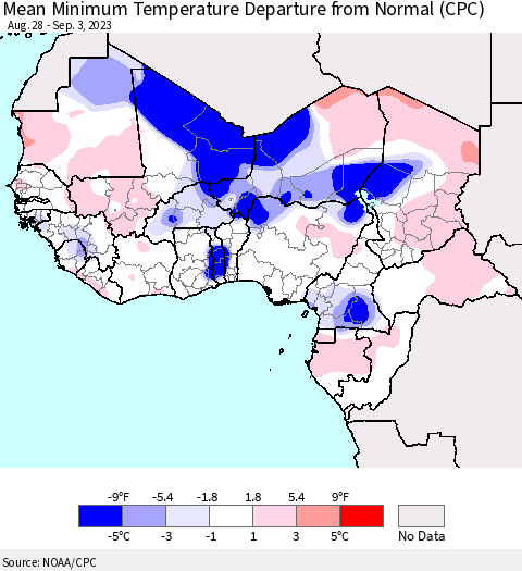 Western Africa Mean Minimum Temperature Departure from Normal (CPC) Thematic Map For 8/28/2023 - 9/3/2023