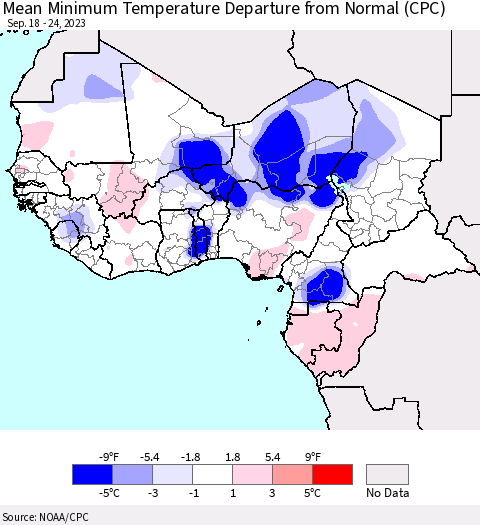 Western Africa Mean Minimum Temperature Departure from Normal (CPC) Thematic Map For 9/18/2023 - 9/24/2023