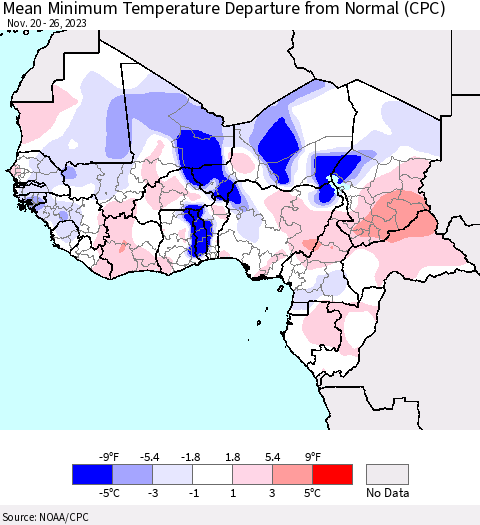 Western Africa Mean Minimum Temperature Departure from Normal (CPC) Thematic Map For 11/20/2023 - 11/26/2023