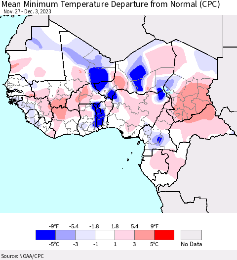 Western Africa Mean Minimum Temperature Departure from Normal (CPC) Thematic Map For 11/27/2023 - 12/3/2023
