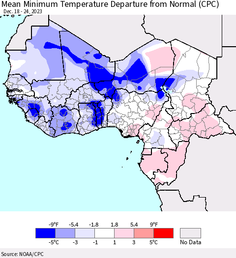 Western Africa Mean Minimum Temperature Departure from Normal (CPC) Thematic Map For 12/18/2023 - 12/24/2023