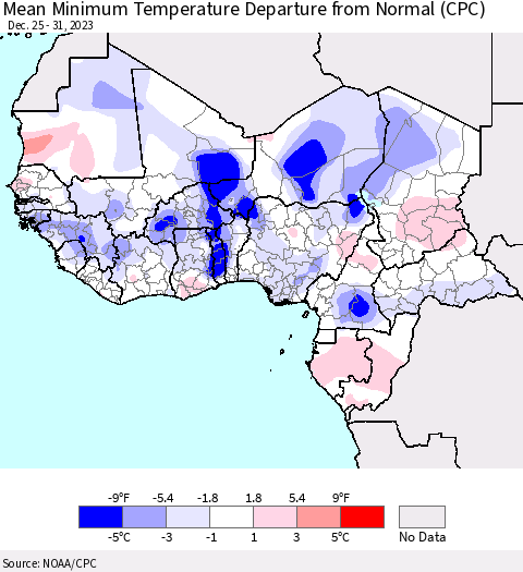Western Africa Mean Minimum Temperature Departure from Normal (CPC) Thematic Map For 12/25/2023 - 12/31/2023