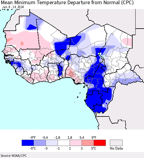 Western Africa Mean Minimum Temperature Departure from Normal (CPC) Thematic Map For 1/8/2024 - 1/14/2024