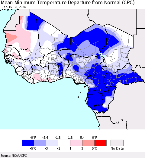 Western Africa Mean Minimum Temperature Departure from Normal (CPC) Thematic Map For 1/15/2024 - 1/21/2024