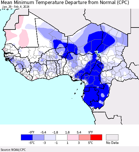 Western Africa Mean Minimum Temperature Departure from Normal (CPC) Thematic Map For 1/29/2024 - 2/4/2024