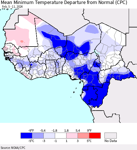 Western Africa Mean Minimum Temperature Departure from Normal (CPC) Thematic Map For 2/5/2024 - 2/11/2024