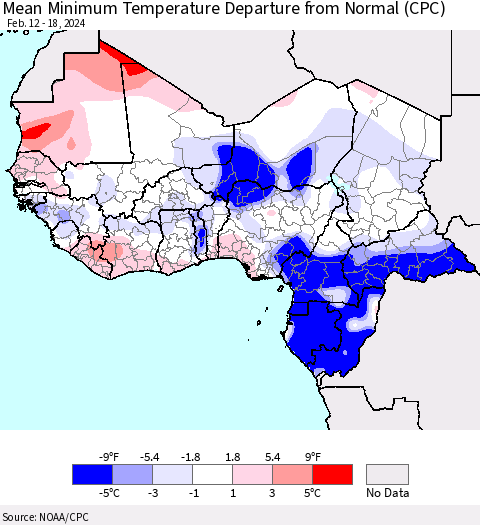 Western Africa Mean Minimum Temperature Departure from Normal (CPC) Thematic Map For 2/12/2024 - 2/18/2024