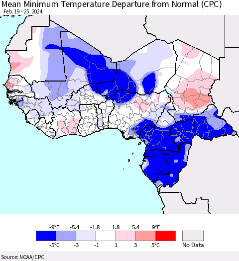 Western Africa Mean Minimum Temperature Departure from Normal (CPC) Thematic Map For 2/19/2024 - 2/25/2024