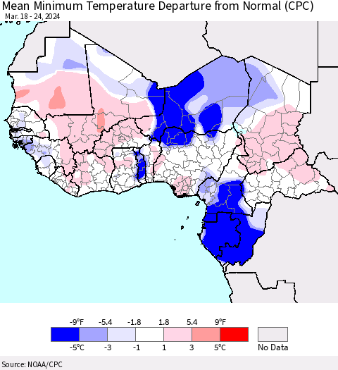 Western Africa Mean Minimum Temperature Departure from Normal (CPC) Thematic Map For 3/18/2024 - 3/24/2024