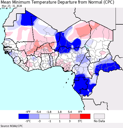 Western Africa Mean Minimum Temperature Departure from Normal (CPC) Thematic Map For 3/25/2024 - 3/31/2024