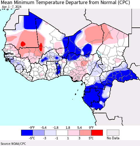 Western Africa Mean Minimum Temperature Departure from Normal (CPC) Thematic Map For 4/1/2024 - 4/7/2024