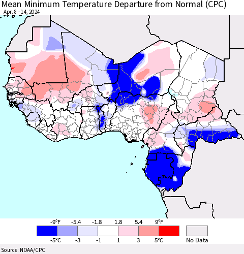 Western Africa Mean Minimum Temperature Departure from Normal (CPC) Thematic Map For 4/8/2024 - 4/14/2024
